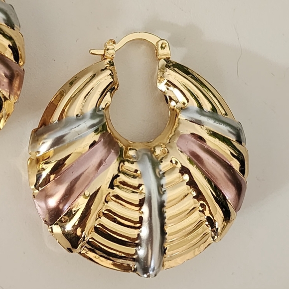 Gold Chunky Hoop Earrings Tricolor Accent - Picture 3 of 9